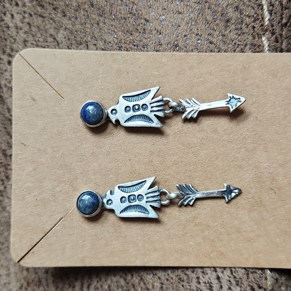 NWOT Native American Navajo Denim Lapis & Sterling Thunderbird Dangle Earrings - Picture 5 of 12